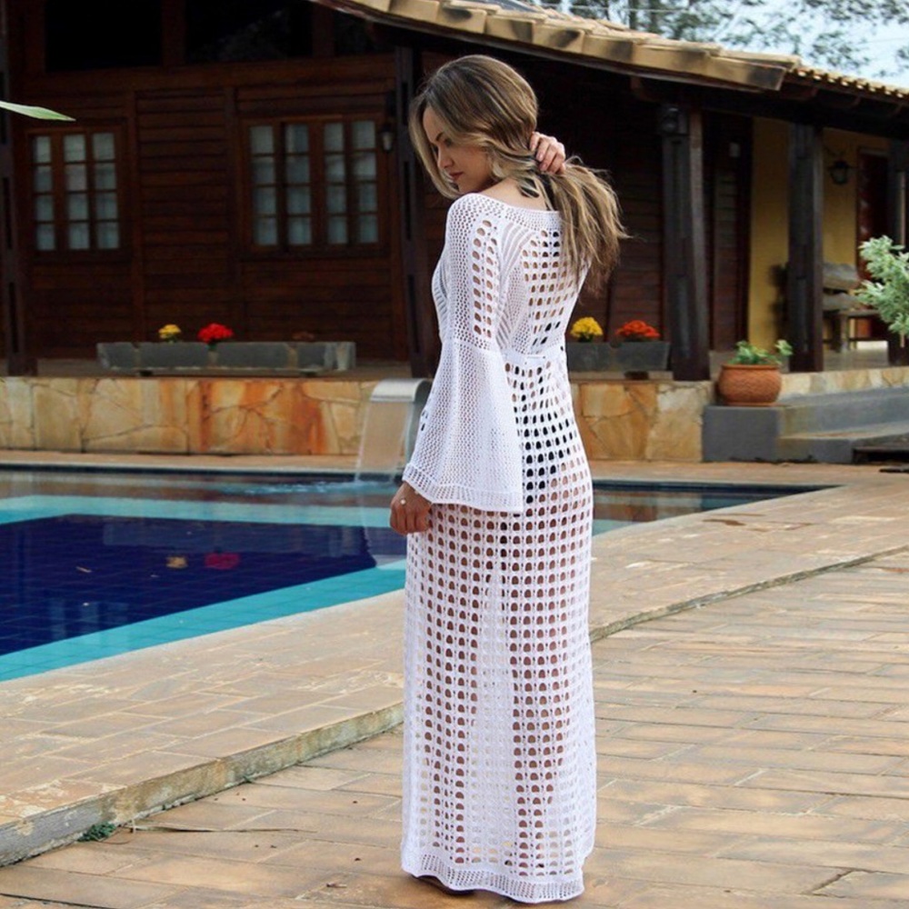 Boho White Crochet Knit Beach Dress Bikini Coverup - Picture 5 of 16